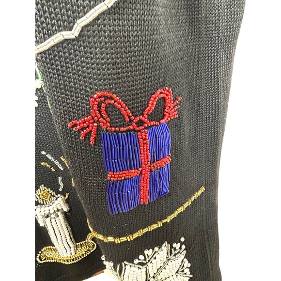 Christmas Tunic Sweater Victoria Jones Vintage 90’s M/L Black Beaded Pearls Mock - Picture 13 of 17